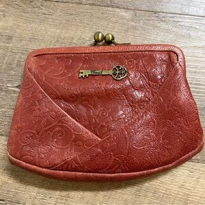 Vintage Fossil Embossed Red Leather Coin Purse with Key Charm & Crossbody Chain